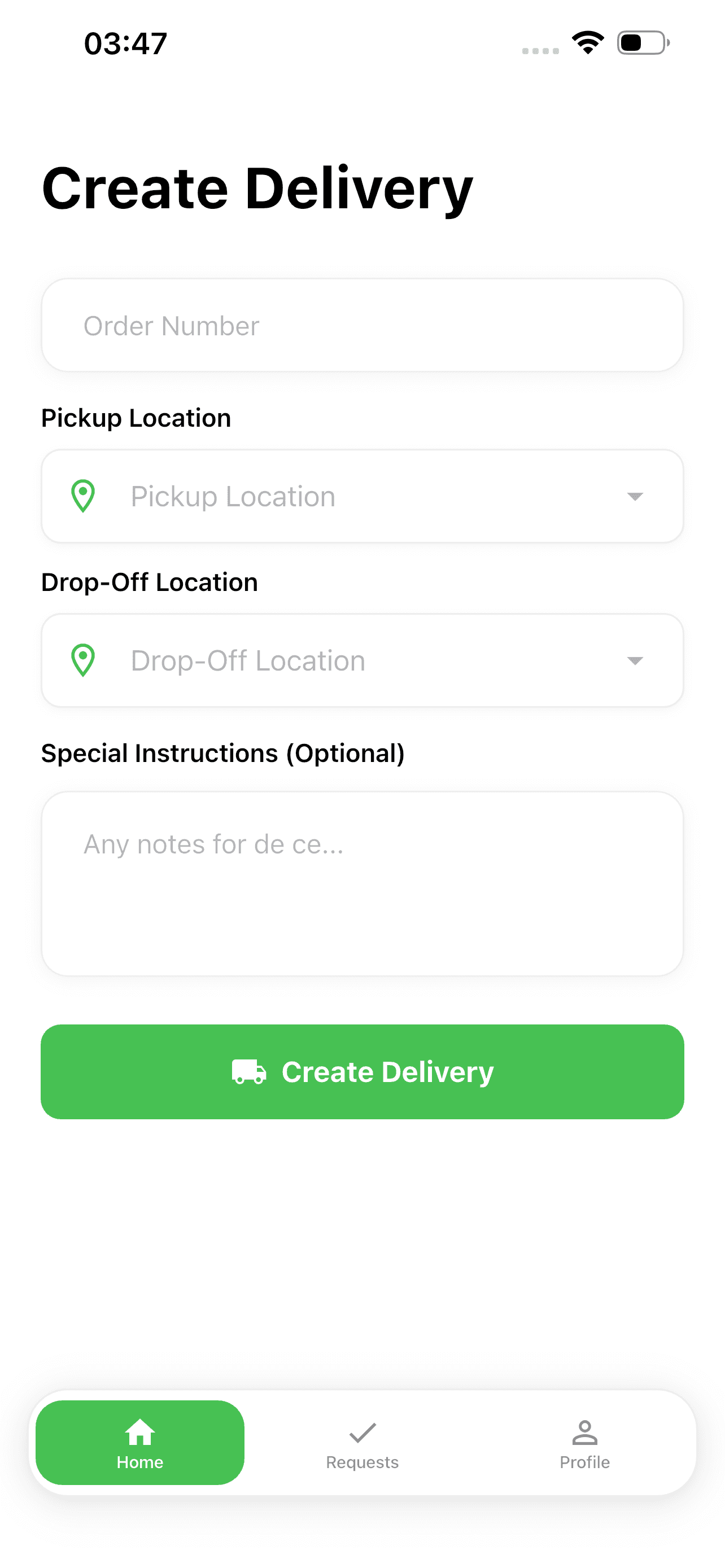 Bix Delivery customer app Create Delivery form with pickup, drop-off and special instructions fields