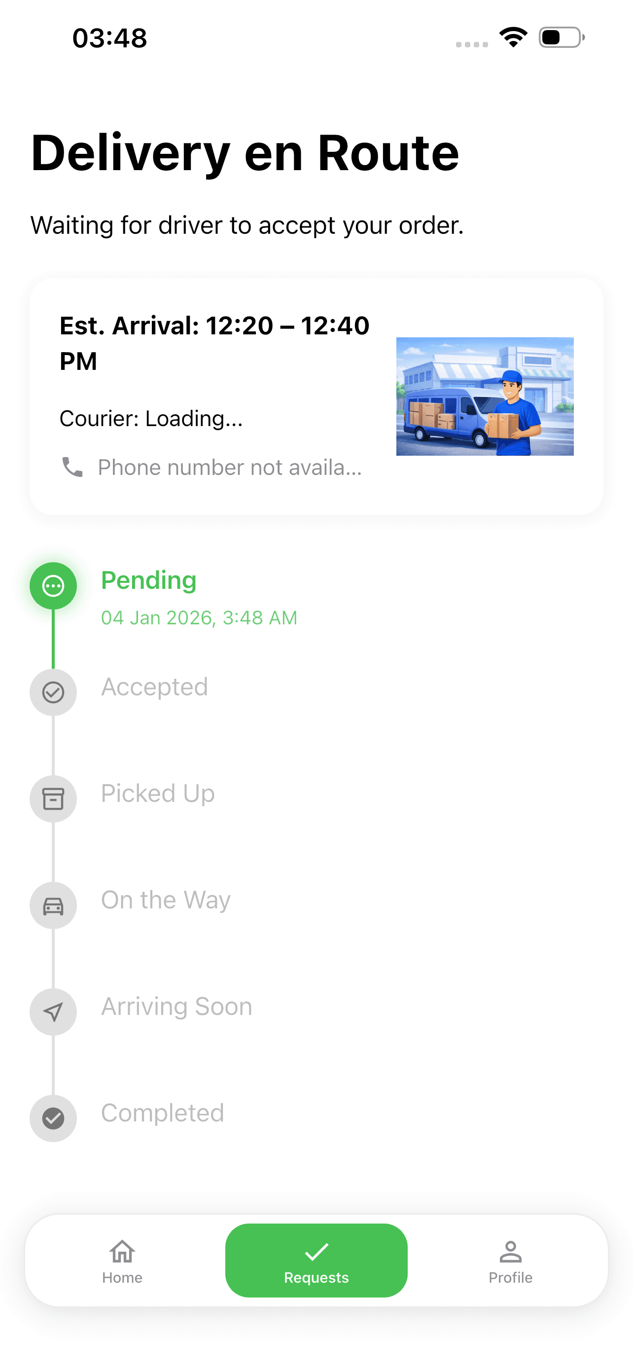 Bix Delivery customer app live tracking screen with arrival estimate and delivery status timeline