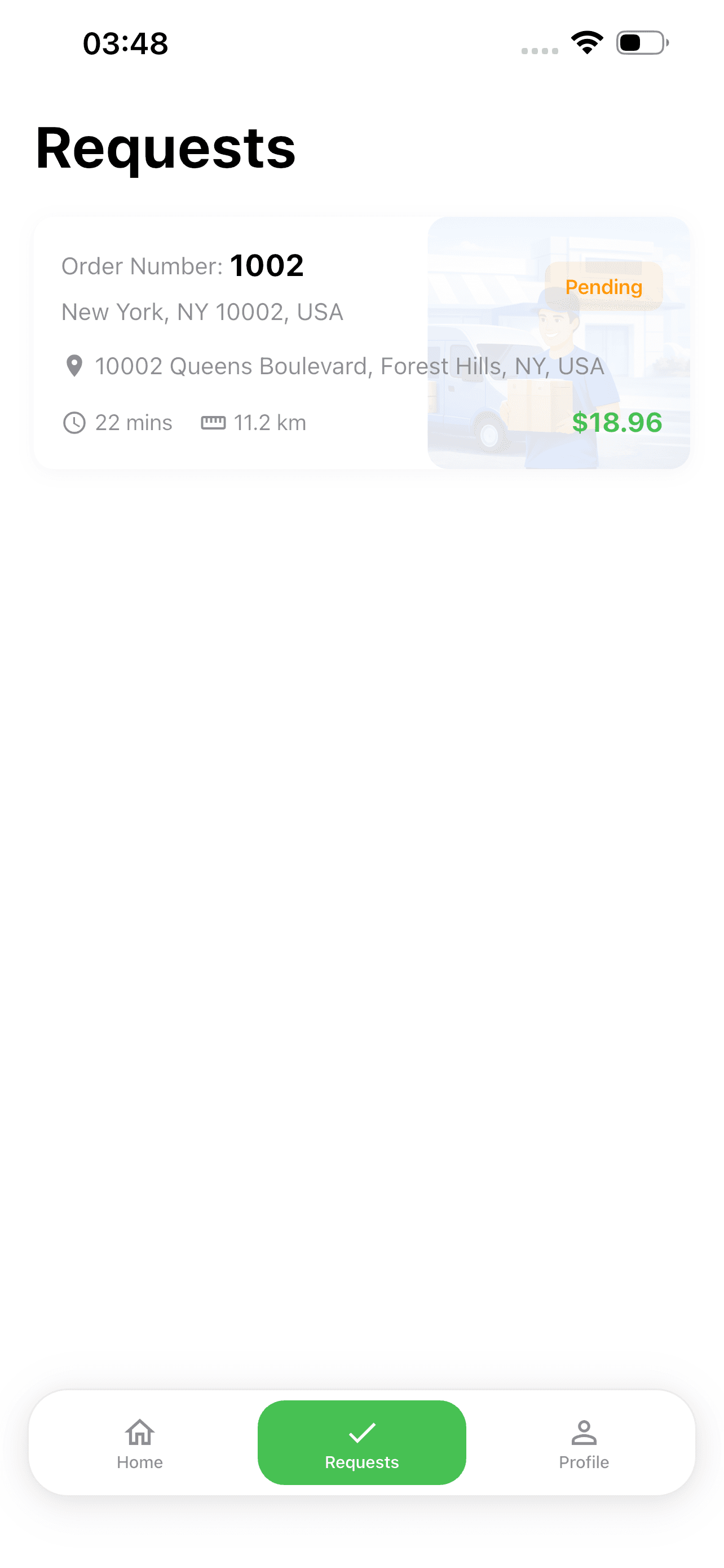 Bix Delivery customer app Requests list showing a pending order with addresses, ETA, distance and price