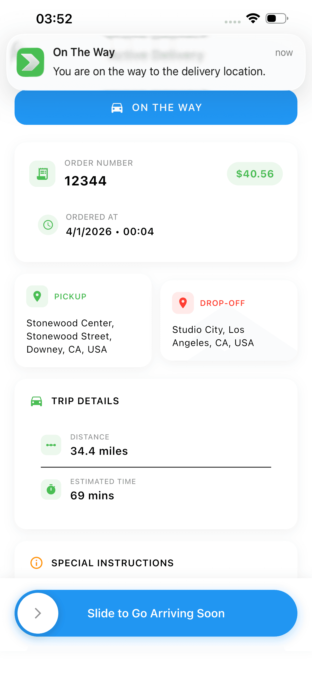 Bix Driver app active delivery screen in the On The Way state with pickup, drop-off, trip details and a slider to advance the status