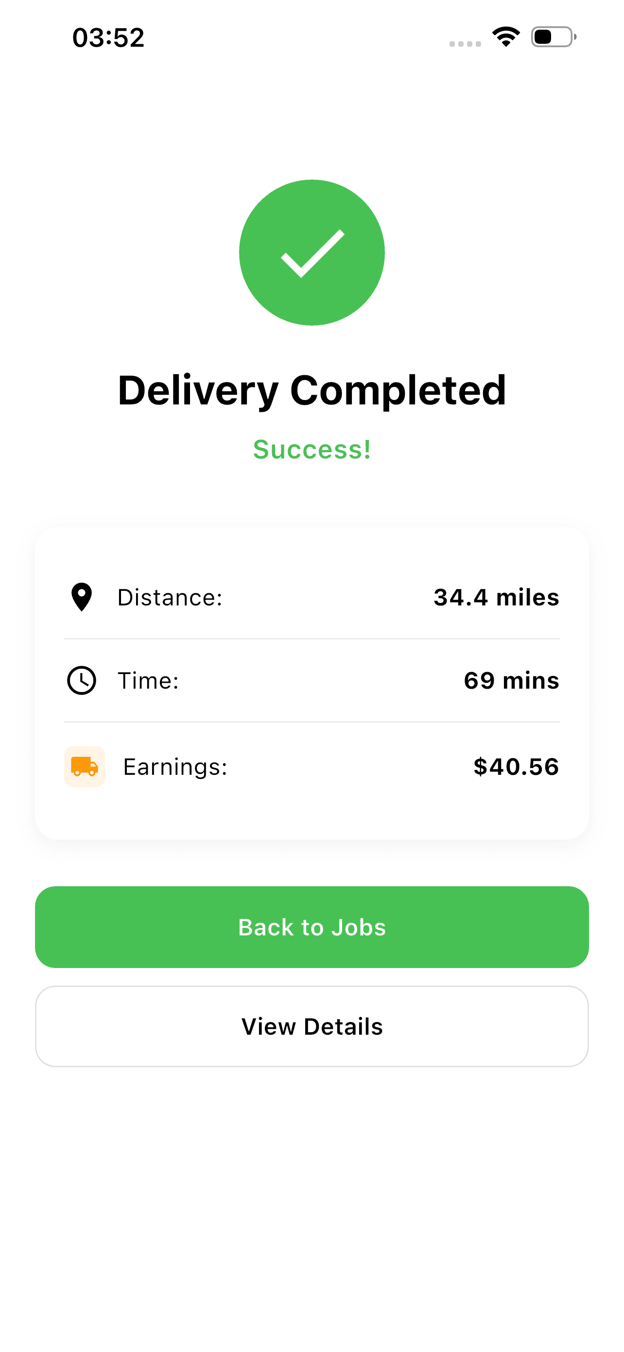 Bix Driver app Delivery Completed screen summarising distance, time and earnings for the finished job
