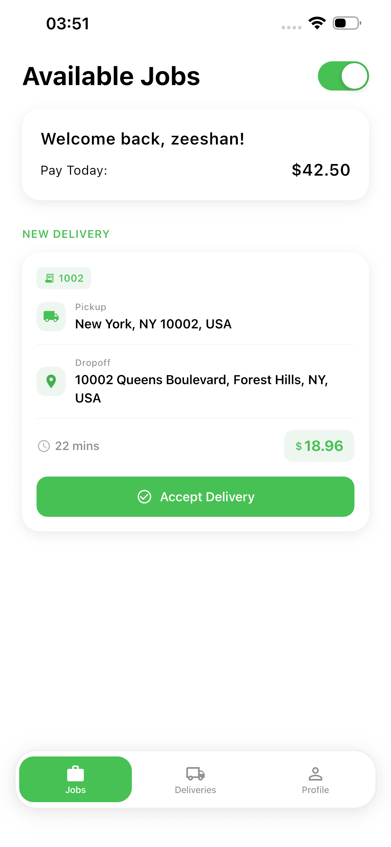 Bix Driver app job feed showing a new delivery job with pickup, drop-off, ETA, payout and Accept Delivery button