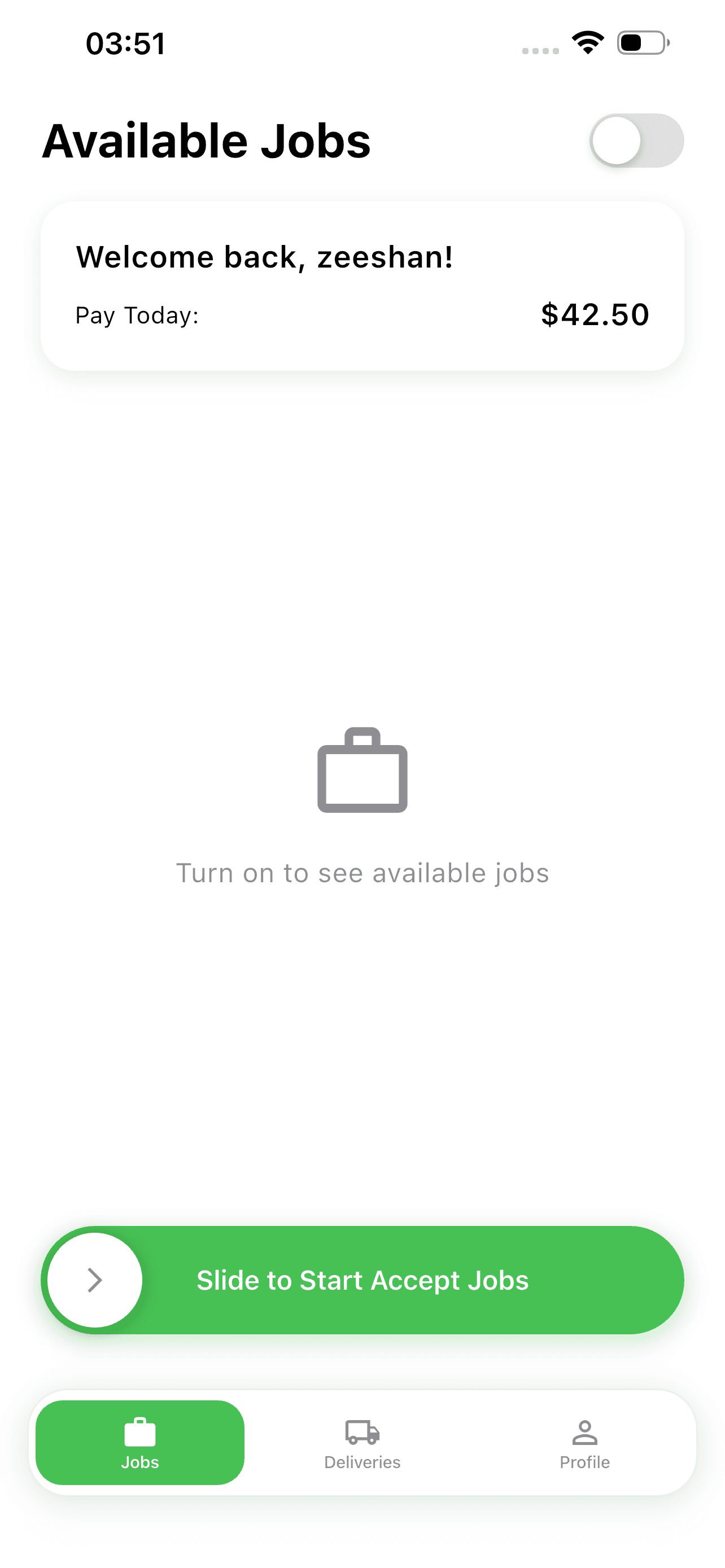 Bix Driver app Available Jobs screen in offline mode with today’s pay and a slider to start accepting jobs