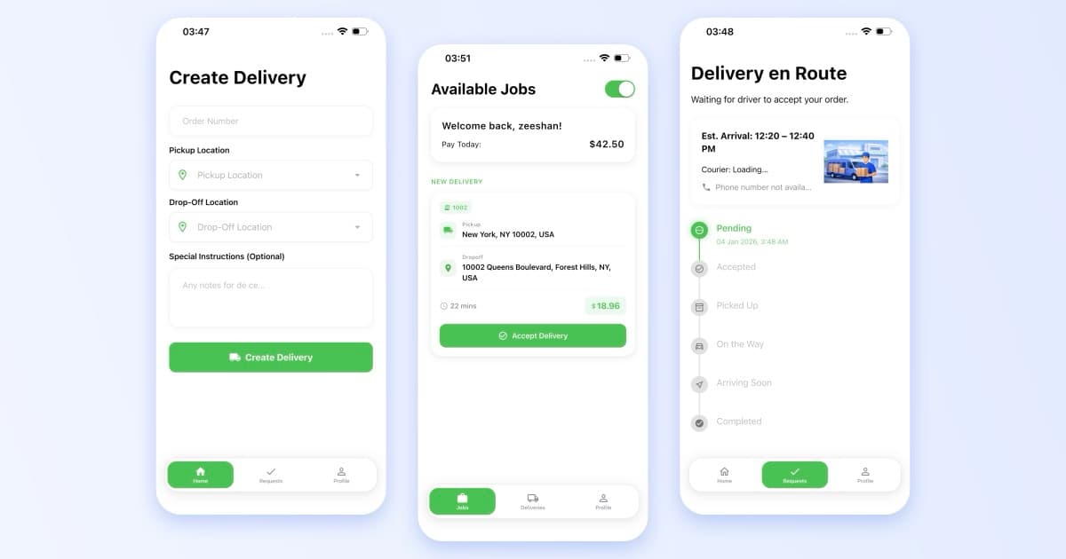 Three Bix Delivery app screens: the customer Create Delivery form, the driver Available Jobs feed with an Accept Delivery button, and the customer live tracking timeline
