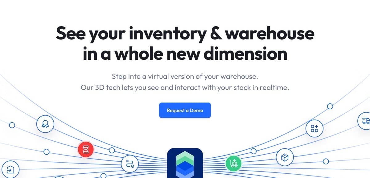 Screenshot of the 3DLogistiX homepage (3dlogistix.com): headline “See your inventory & warehouse in a whole new dimension” above a Request a Demo button