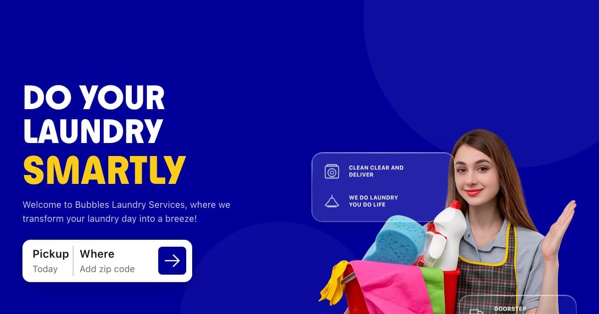 justdrycleans.com homepage screenshot: “Do your laundry smartly” headline, pickup and zip-code booking bar, and a laundry worker holding cleaning supplies