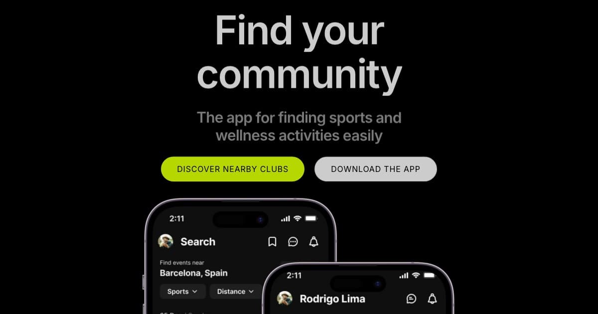 Screenshot of the home.linmo.app homepage: “Find your community” headline, Discover Nearby Clubs button, and phone mockups of LinMo’s event search and profile screens
